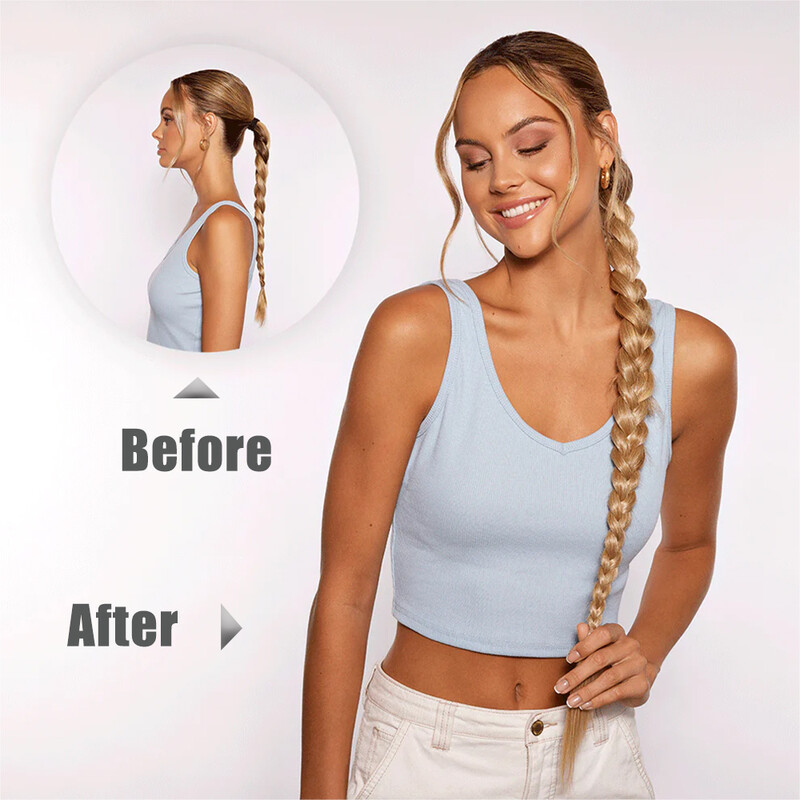 Προέκταση αλογοουράς μακριάς πλεξούδας με ελαστική γραβάτα ίσια κομψή περιτύλιξη γύρω από Πλεκτή αλογοουρά φυσικά συνθετικά μαλλιά καφέ 34 ιντσών