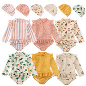 2024. aasta laste tüdrukute suvine ujumiskostüüm, prinditud koomiks 9M-8T rannas, mereäärsed riided, müts + püksmüts, sobivad õe ujumisriided