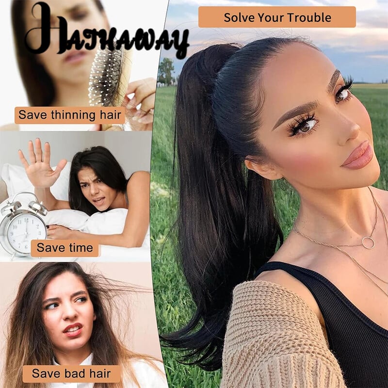 Perucă sintetică cu coadă de cal de 16 inci pentru femeie, neagră naturală, tip șnur, extensie de păr înaltă, pufoasă, cu șnur