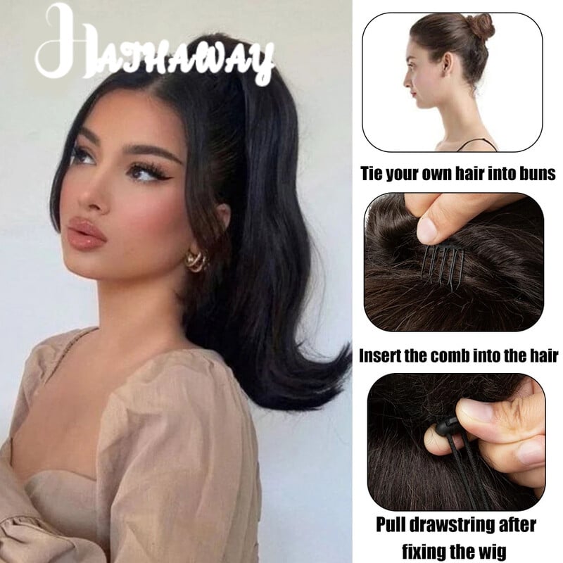 Perucă sintetică cu coadă de cal de 16 inci pentru femeie, neagră naturală, tip șnur, extensie de păr înaltă, pufoasă, cu șnur