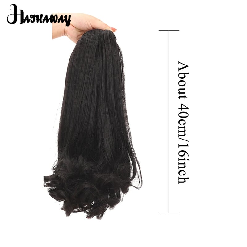 Perucă sintetică cu coadă de cal de 16 inci pentru femeie, neagră naturală, tip șnur, extensie de păr înaltă, pufoasă, cu șnur