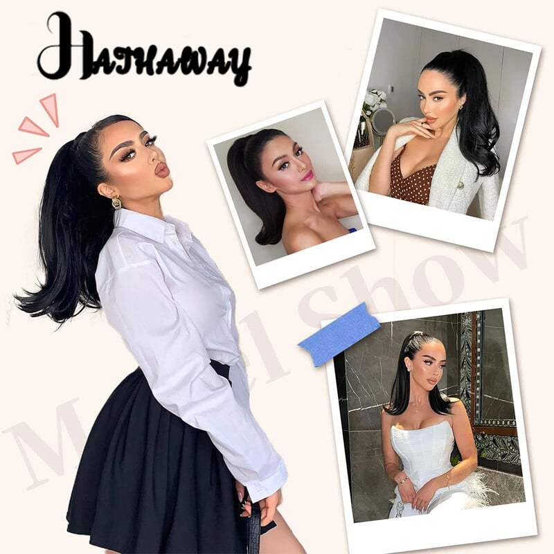 Perucă sintetică cu coadă de cal de 16 inci pentru femeie, neagră naturală, tip șnur, extensie de păr înaltă, pufoasă, cu șnur