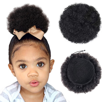 Kids Hair Puff Természetes fekete szintetikus Mini Afro Puff húzózsinóros lófarok lányoknak 2 db 4 hüvelykes Göndör haj updo Chignon