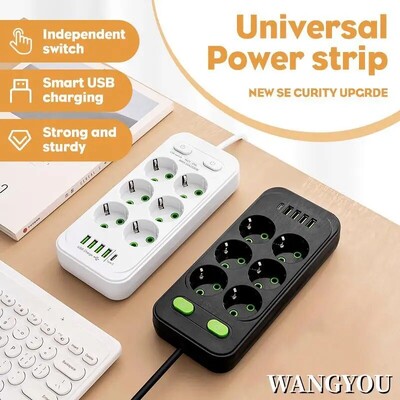 EU Plug AC Outlet Multitap Power Strip 2m Удължителен кабел Електрически контакт Интелигентен USB домашен офис Защита от пренапрежение Мрежов филтър