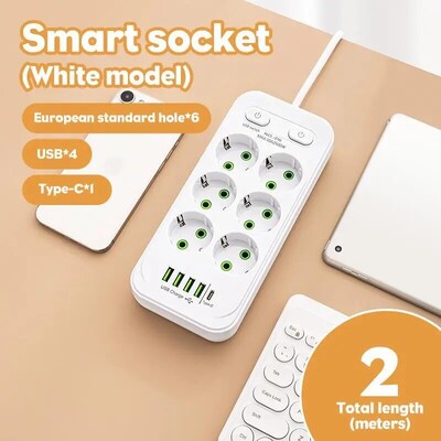 EU-pistik vahelduvvoolu pistikupesa mitme kraani toiteriba 2 m pikendusjuhe pistikupesa nutikas USB kodukontori ülepingekaitse võrgufilter