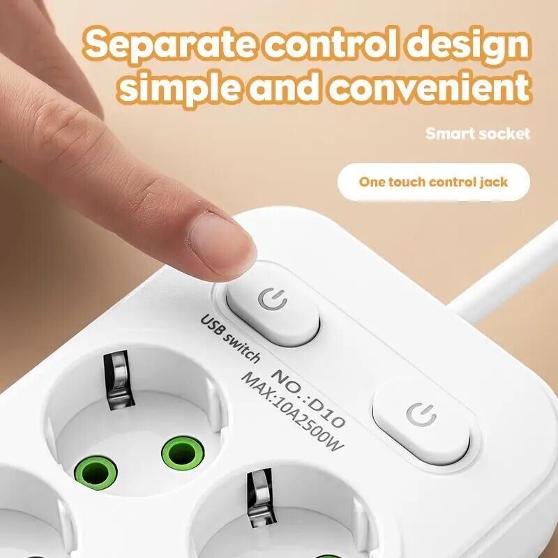 EU-pistik vahelduvvoolu pistikupesa mitme kraani toiteriba 2 m pikendusjuhe pistikupesa nutikas USB kodukontori ülepingekaitse võrgufilter