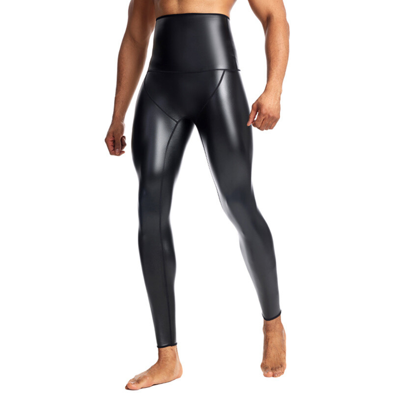 Ανδρικό ψηλόμεσο Slim Fit Skinny Pants Faux Leather Trainer Παντελόνι συμπίεσης κοιλιάς Yoga Fitness Stretch Fitness Body Shaper