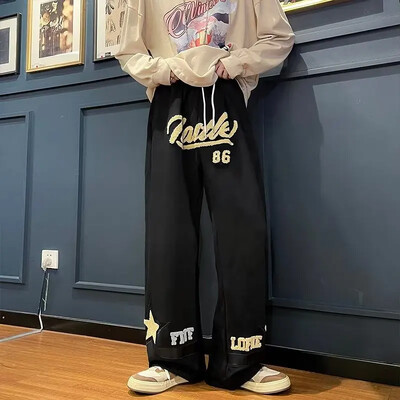 Pánske nohavice s rovnými nohavicami a vintage výšivkou z jelenice, voľného strihu, dropshipping, módne trendy značkové nohavice so širokými nohavicami