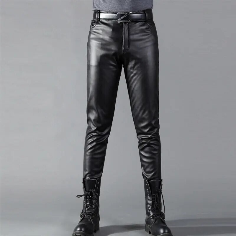 Meeste nahast püksid Skinny Fit elastne mood PU nahast jalgratturi püksid ööklubi peo- ja tantsupüksid õhukesed