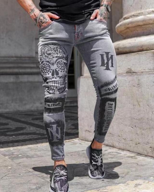 Meeste tepitud tikitud teksad Skinny Jeans Ripped Grid Stretch Denim Püksid MEES elastne vöökoht Patchwork Jogging Denim püksid