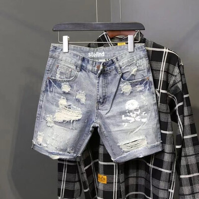 Noua vară 2022 Pantaloni scurti pentru cerșetor cu găuri rupte, pantaloni scurți de cowboy din denim, cu schelet și craniu, imprimați