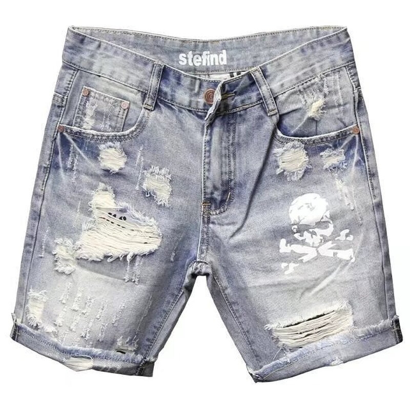 Nové letné 2022 roztrhané dierované žobrácke krátke nohavice, pánske, s potlačou lebky a osobnosťou, kórejské, úzke, kovbojské džínsové šortky