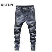 Biker Jeans Мъжки тъмно сини еластични прилепнали панталони с разкъсани улични дрехи, ежедневни ретро мъжки панталони Hiphop Jean Homme