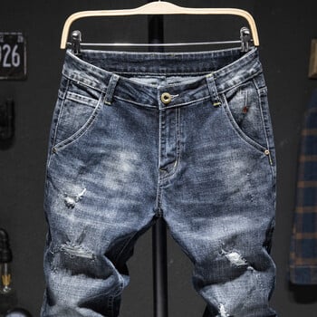 Biker Jeans Ανδρικό σκούρο μπλε Stretch Slim Fit Ripped Distressed Streetwear Denim Παντελόνι Casual Retro Man Παντελόνι Hiphop Jean Homme