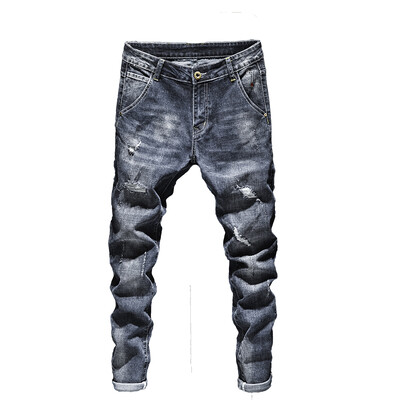 Biker Jeans Мъжки тъмно сини еластични прилепнали панталони с разкъсани улични дрехи, ежедневни ретро мъжки панталони Hiphop Jean Homme