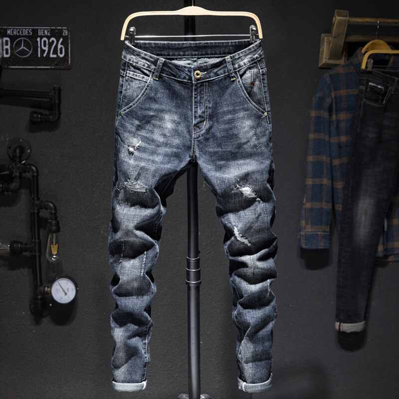 Biker Jeans Meeste Tumesinine Stretch Slim Fit Rebenenud Distress Streetwear Denim Püksid Vabaaja Retro Mees Püksid Hiphop Jean Homme