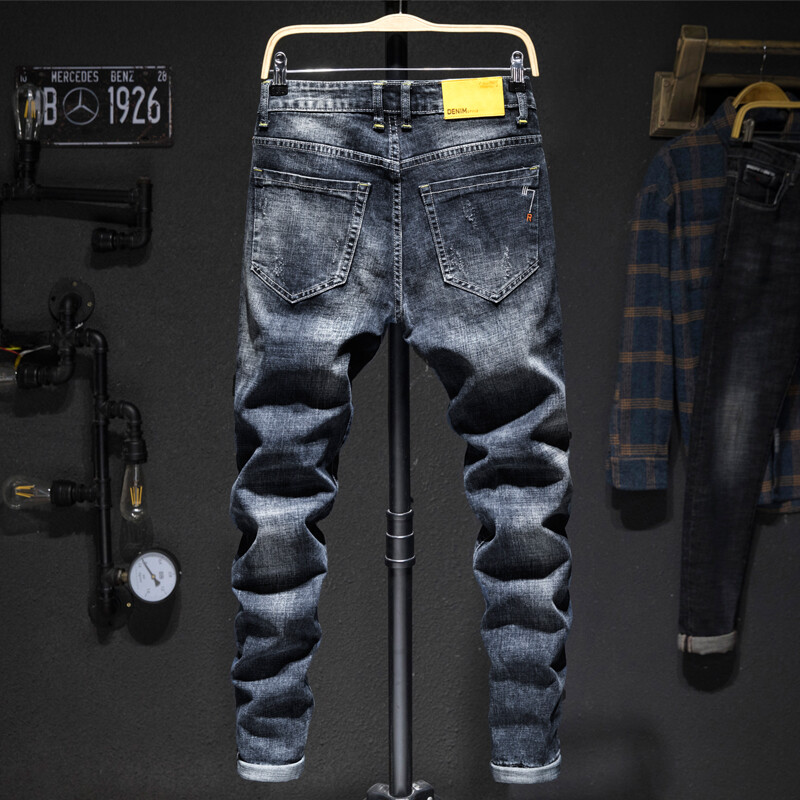 Biker Jeans Meeste Tumesinine Stretch Slim Fit Rebenenud Distress Streetwear Denim Püksid Vabaaja Retro Mees Püksid Hiphop Jean Homme