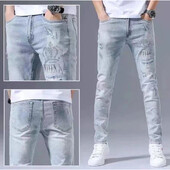 Нови прави мъжки панталони Summer Stick Rhinestone Boyfriend Slim Men Jeans Streetwear Zips Светлосини ежедневни дълги дънкови панталони