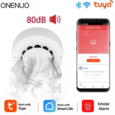 ONENUO Tuya WiFi детектор за дим, фотоелектрически сензор, пожароизвестителна система, система за сигурност на домашната кухня, работа с приложението Smart Life