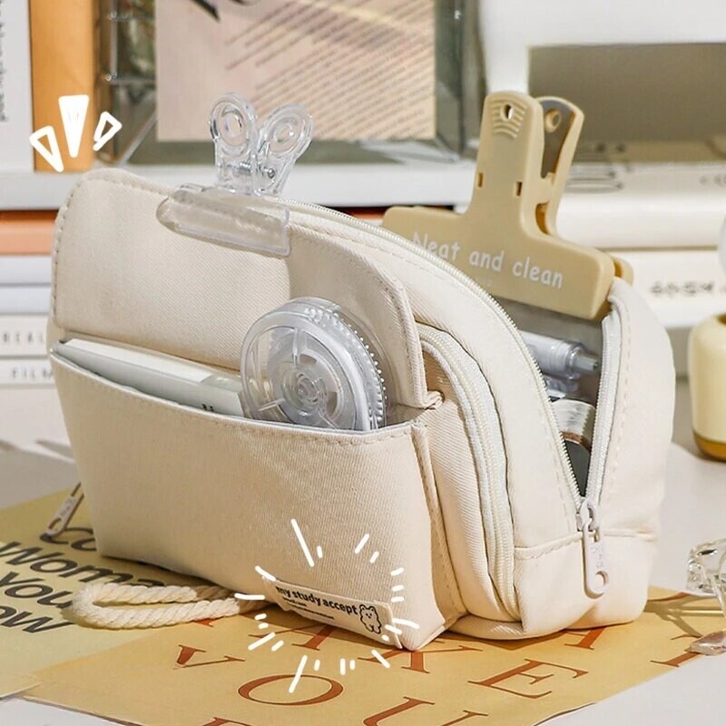 Aranyos és kényelmes vászon tolltartó, nagy nyitási kapacitás diákkellékek számára Kozmetikai utazási kézitáska 1db