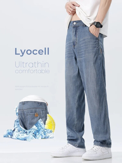 2024, vară, subțire, lyocell, blugi largi, drepte, pentru bărbați, elastici, moale, confortabili, cu picioare late, pantaloni casual din denim pentru bărbați, albastru gri