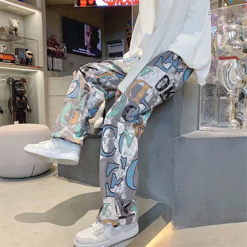 Meeste Y2K tänavarõivad USA stiilis Graffiti Cargo püksid Meeste kirjatrükiga vabaaja püksid Vintage sirged pikad püksid Pantalon Hombre