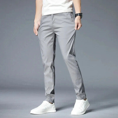 Pantaloni casual de vară pentru bărbați, ultra-subțiri, drepti, elastici, mătase de gheață, pantaloni de jogging sport, modă coreeană, negru, kaki, verde