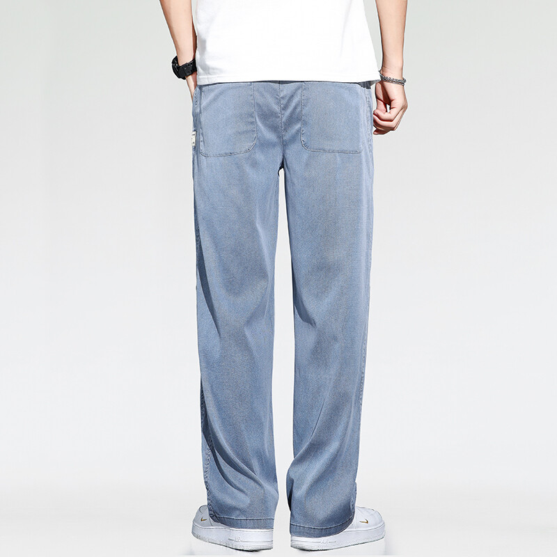 Suvised õhukesed laia säärega Meeste Teksad Pehmed Lyocell Elastne Mood vabaaja sirge nööriga teksapüksid Must Sinine Hall