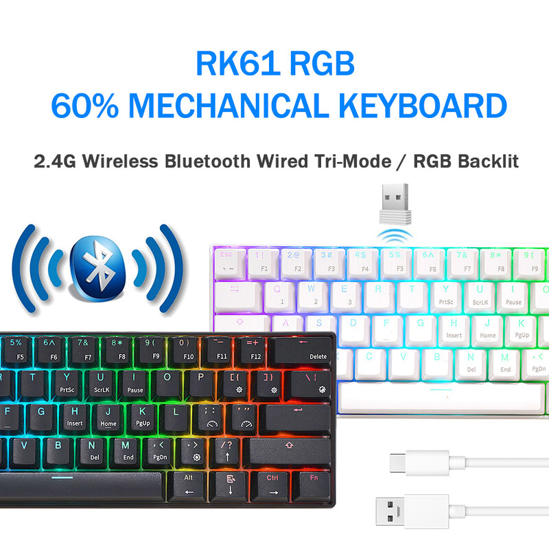 RK Royal Kludge RK61 2.4G juhtmevaba Bluetoothi mehaaniline klaviatuur kolmerežiimiline 61 klahviga RGB taustvalgustusega mini kuumvahetatav mänguriklaviatuur