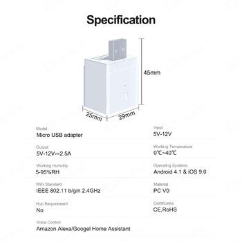 GIRIER Tuya Smart Adapter Micro USB Διακόπτης WiFi Mini USB Power Adapter 5V Λειτουργεί με Hey Google Alexa Alice for Home Automation