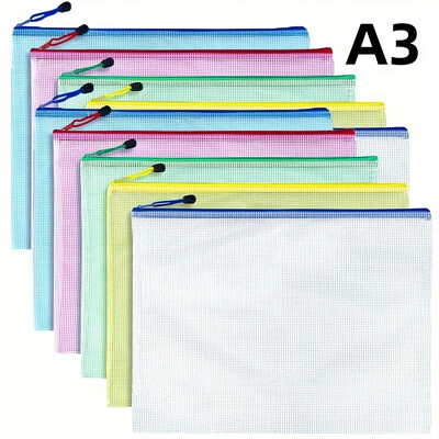 10vnt, A3 tinklinis užtrauktuko maišelis, 5 spalvos, vandeniui atsparus plastikinis dildė Krepšys mokyklinėms ir biuro reikmenims, kosmetikai, kelionėms tvarkyti