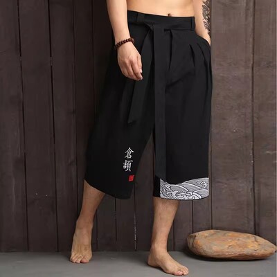 Pantaloni tradiționali kimono japonez pentru bărbați Îmbrăcăminte asiatică Pantaloni de baie ocazional Pantaloni Yukata în stil japonez pentru bărbați Pantaloni tăiați de in