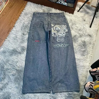 Harajuku Hip Hop JNCO Τζιν Y2k Ανδρικό καγκουρό γραφικό μεγάλη τσέπη μπλε vintage φαρδύ τζιν γοτθικό φαρδύ παντελόνι με ψηλή μέση