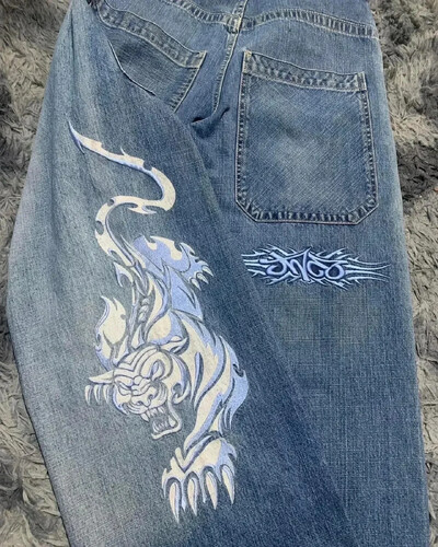 Harajuku Hip Hop JNCO Τζιν Y2k Ανδρικό καγκουρό γραφικό μεγάλη τσέπη μπλε vintage φαρδύ τζιν γοτθικό φαρδύ παντελόνι με ψηλή μέση