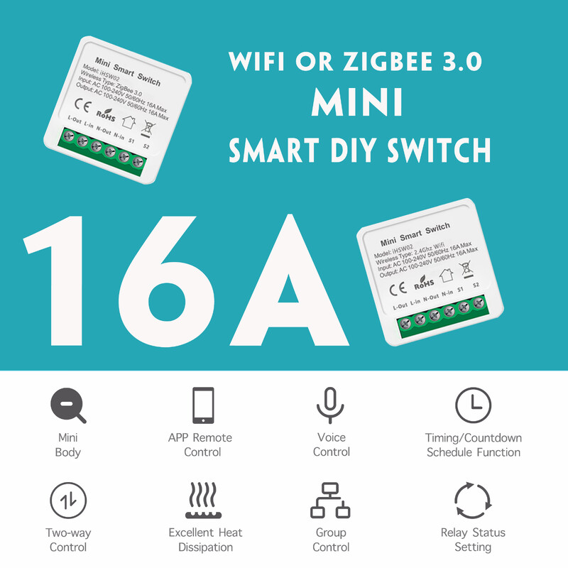 16A Tuya Wifi /Zigbee 3.0 Mini nutikas isetegemise lüliti, kahesuunaline juhtimine nutika kodu releeautomaatika kaitselülitiga töötab koos Alexa Google Home`iga