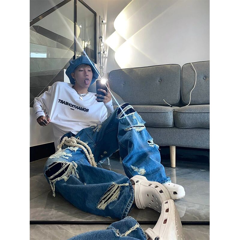 Blue Hole disain High Street populaarsed kõrge vöökohaga teksad meeste y2k kottis hip hop moetrend sirged laia säärega püksid 2023 aastakäik