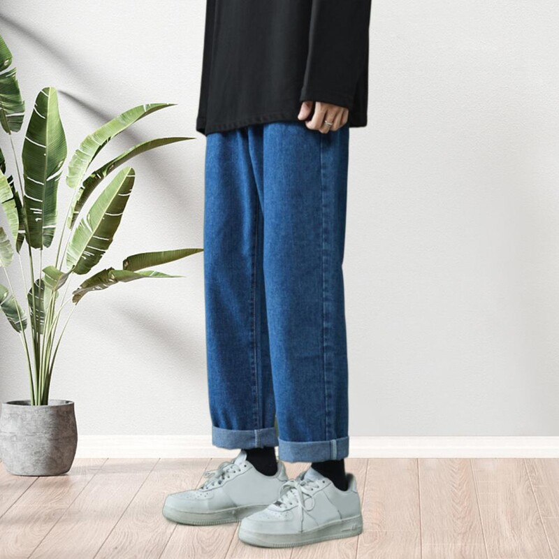 Meeste teksad Tõmblukk Fly ühevärvilised sirged teksapüksid kevadsügis, avara istumisega laia säärega Hip Hop Baggy teksad reisimiseks