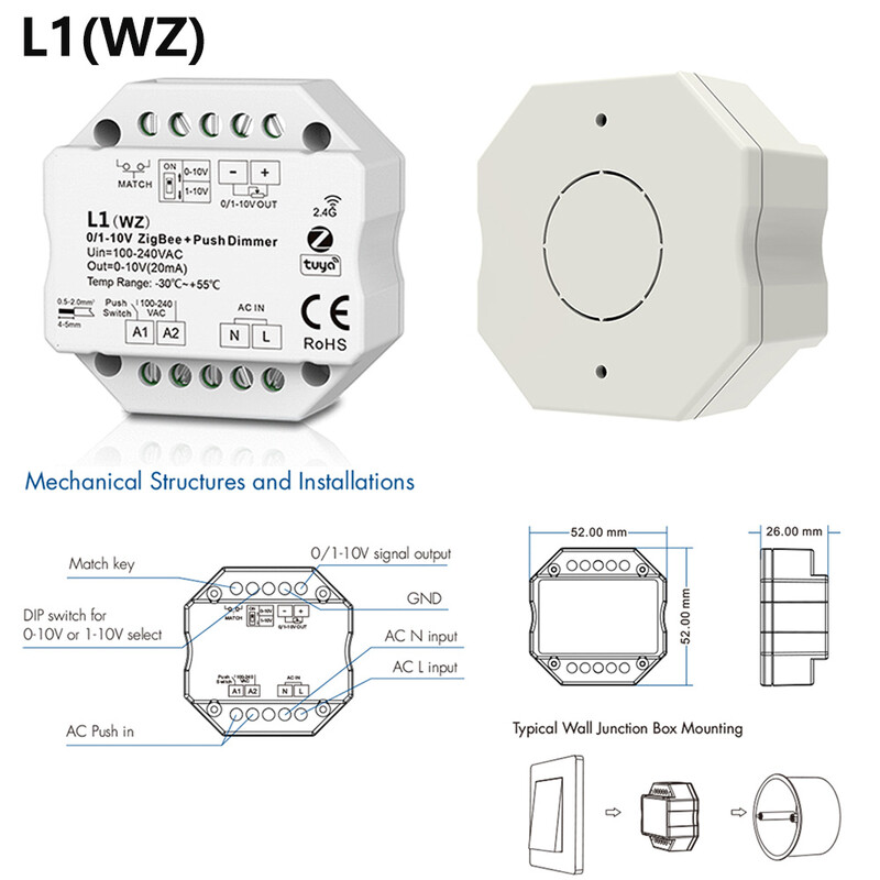 100-240VAC 1CH 0/1-10V Zigbee & RF Push Dimmer TuyaAPP Smart Control 2.4G R11 RF Touch Diming Remote App Voice For Alexa Google
