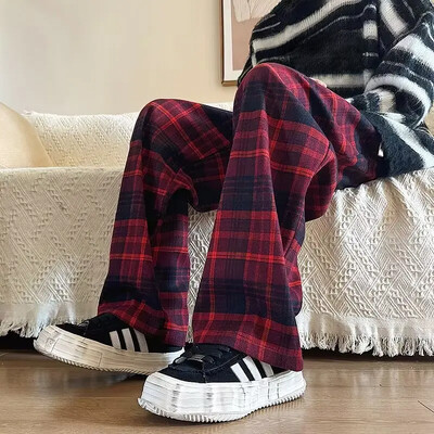 Vintage ruudulised vabad dressipüksid meestele Kevad/sügis sirge säärega püksid vabaaja Ameerika stiilis drapeeritud pikad püksid