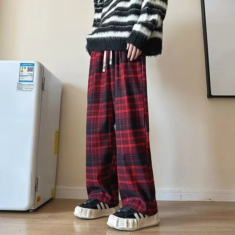 Vintage ruudulised vabad dressipüksid meestele Kevad/sügis sirge säärega püksid vabaaja Ameerika stiilis drapeeritud pikad püksid