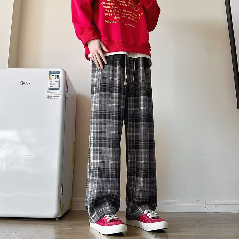 Vintage ruudulised vabad dressipüksid meestele Kevad/sügis sirge säärega püksid vabaaja Ameerika stiilis drapeeritud pikad püksid