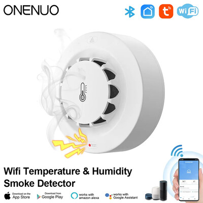 ONENUO WiFi dūmu detektors ugunsgrēka dūmu trauksmes signāls ar temperatūras mitruma noteikšanu 80 dB skaņa Alexa Google Home Tuya Smart Life