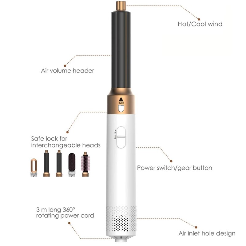 Professionaalne Air Hair Styler 5 in 1 Madala müratasemega juuste lokkimine sirgendav juuksekuivatus 1000 W kuumaõhuharjad