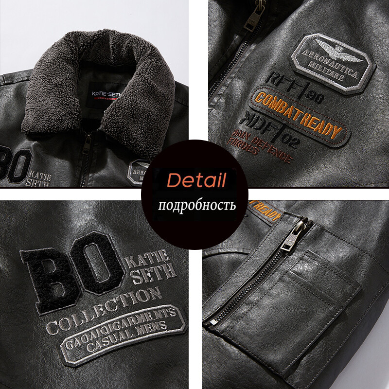 Nahkjakk Meeste talvefliis Original Moto & Biker tikandiga Eemaldatav karusnahast krae Tuulejope Ropa De Hombre õhuke mantel