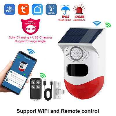 2в1 WiFi Tuya Интелигентно дистанционно управление Зареждане на открито Сигурност Звукова аларма Детектор Сензор Ферма Градина Слънчева Инфрачервена сирена Соларна