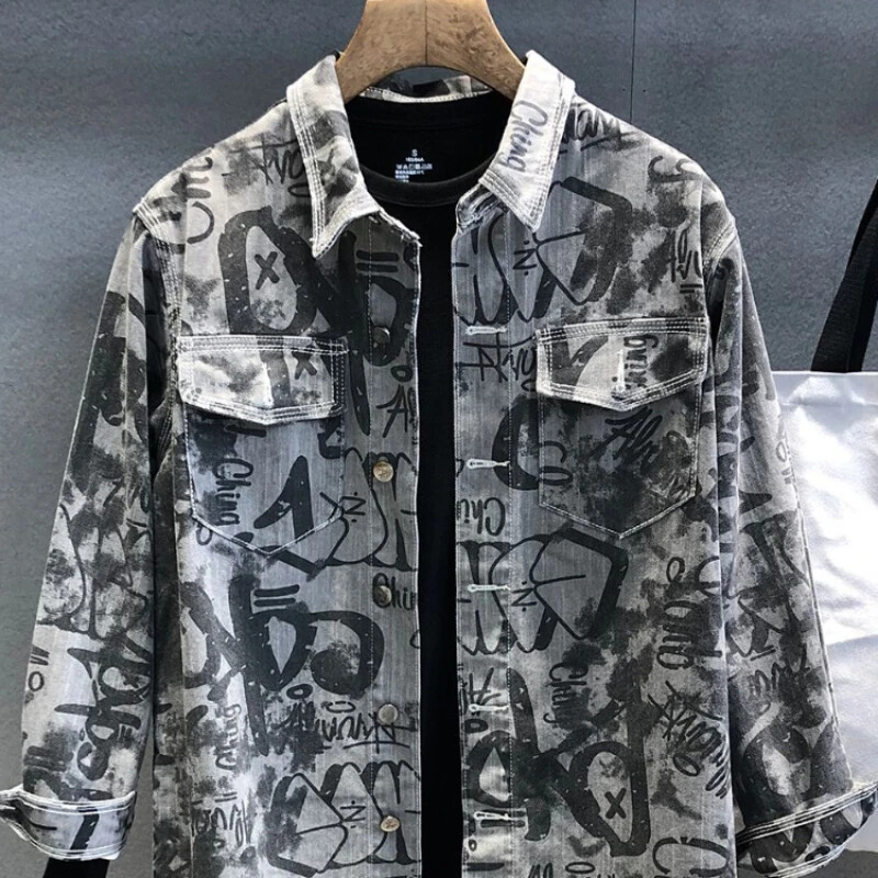 Meeste teksajakk pikk särk, laiad õlad, mood meeste teksamantlid, varrukad Korea populaarsed rõivad, luksuslik trükis Vintage kauboi