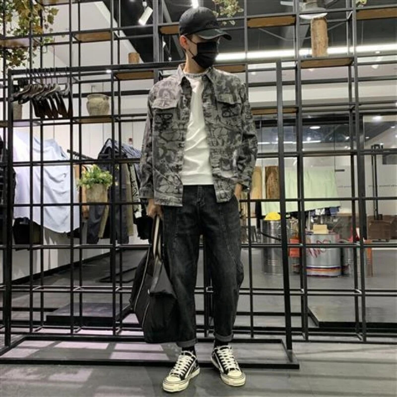 Meeste teksajakk pikk särk, laiad õlad, mood meeste teksamantlid, varrukad Korea populaarsed rõivad, luksuslik trükis Vintage kauboi