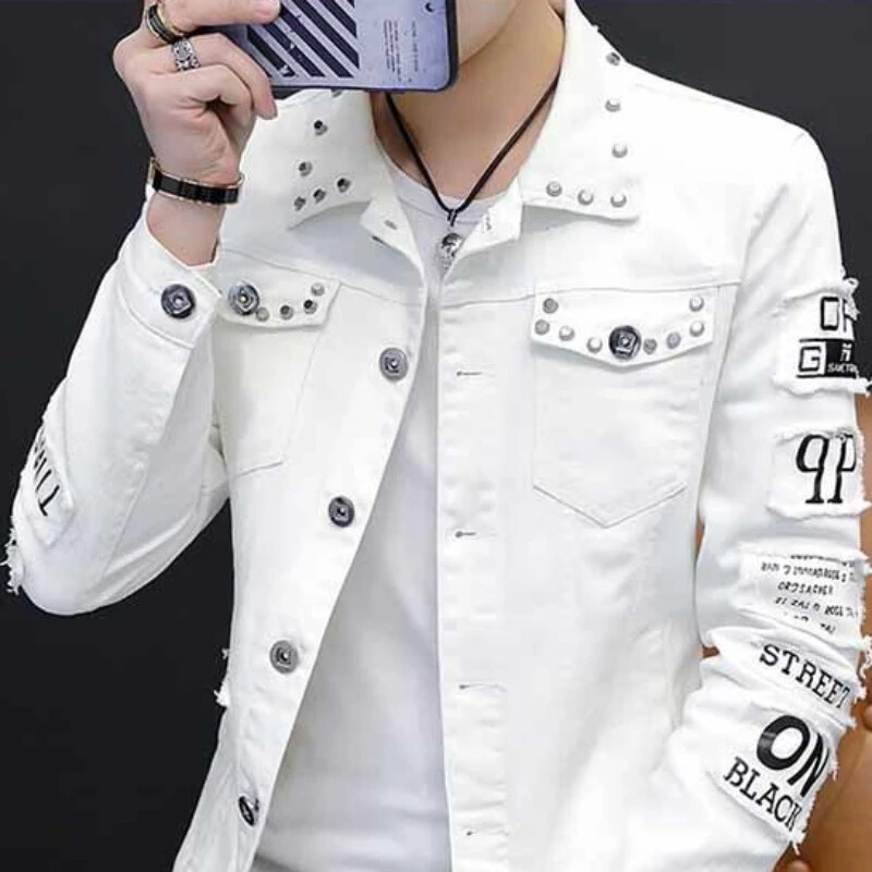 Meeste teksajakk lühike neet vabaaja õhuke valge meeste teksamantlid Korea Lxury, pestud madalaima hinnaga, suurus L kangast Rock Joker