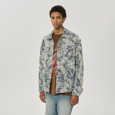 Jachetă de jean jacquard plisată cu patchwork pentru bărbați, la modă, spălat american, jachete rupte din denim, haine supradimensionate unisex