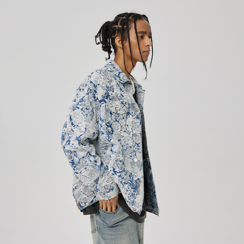 Συνονθύλευμα πλισέ Jacquard Jean Jacket for Men Fashion American Washed Ripped Denim Jackets Distressed Oversized Unisex παλτό